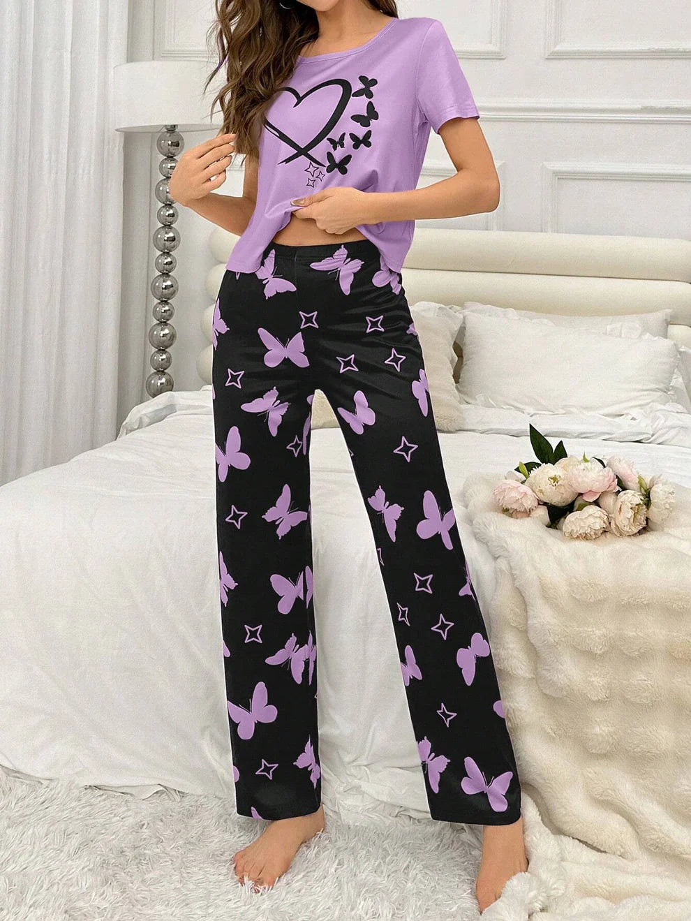 Heart and Butterfly Printed Night Suit