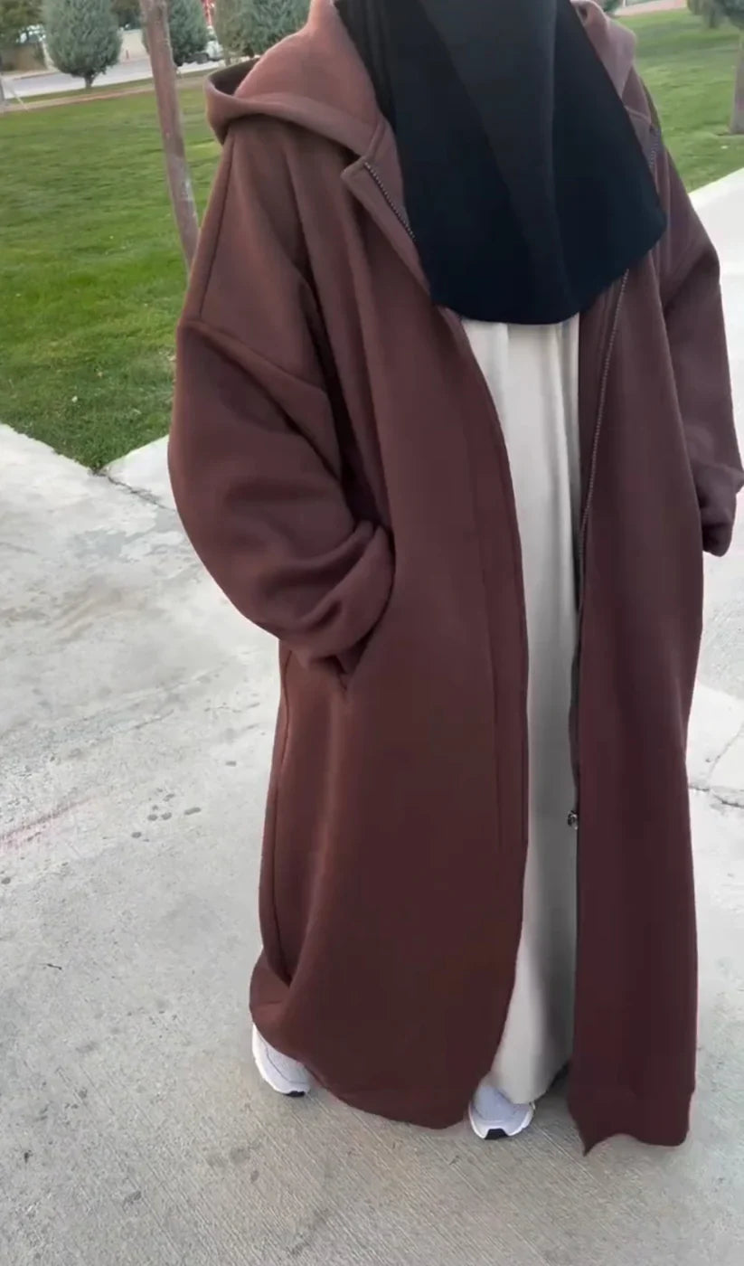 Drop Shoulder Long Zipline Winter Fleece Hoodie