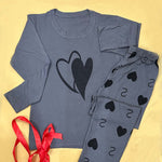 Grey Double Heart Full Sleeve Printed Night Suits