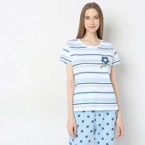 Sky Blue Lilly Printed  Night Suit