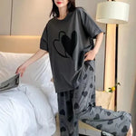Grey Double Heart Half Sleeve Printed Night Suit