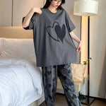 Grey Double Heart Half Sleeve Printed Night Suit